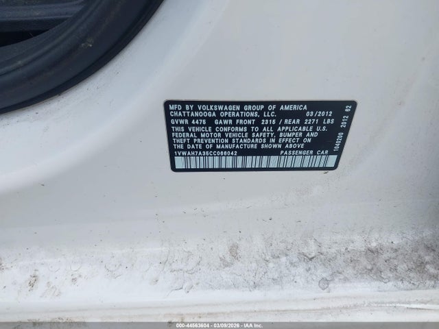 Продажа на аукционе авто 2012 Volkswagen Passat 2.5l S, vin: 1VWAH7A35CC066042, номер лота: 44563604