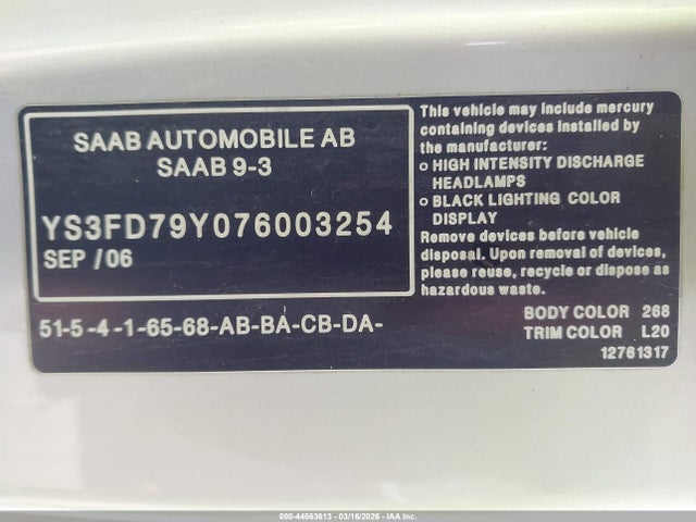 2007 SAAB 9-3 YS3FD79Y076003254 Photo 8
