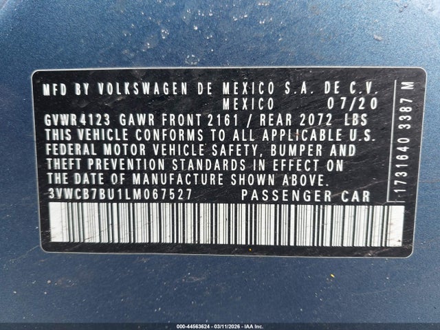 2020 Volkswagen Jetta 1.4t R-line/1.4t S/1.4t Se მანქანა იყიდება აუქციონზე, vin: 3VWCB7BU1LM067527, აუქციონის ნომერი: 44563624