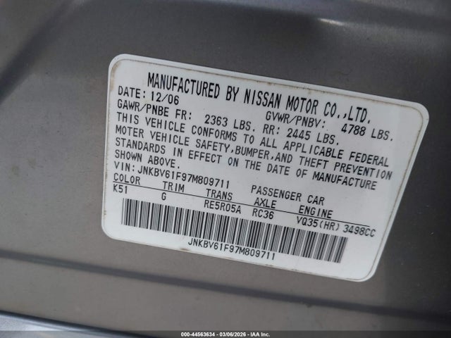 Aukcja sprzedaży 2007 Infiniti G35x, vin: JNKBV61F97M809711, numer aukcji: 44563634