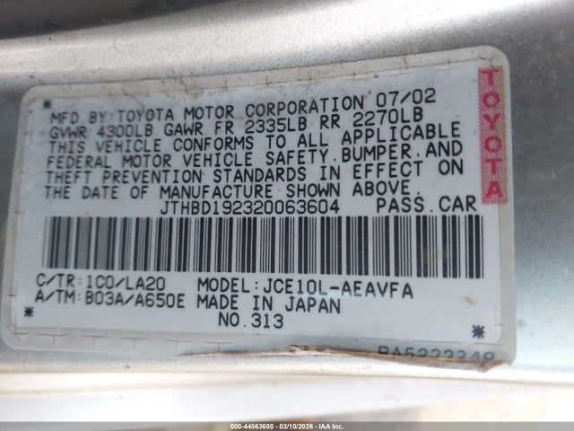 Продаж на аукціоні авто 2002 Lexus Is 300, vin: JTHBD192320063604, номер лоту: 44563680