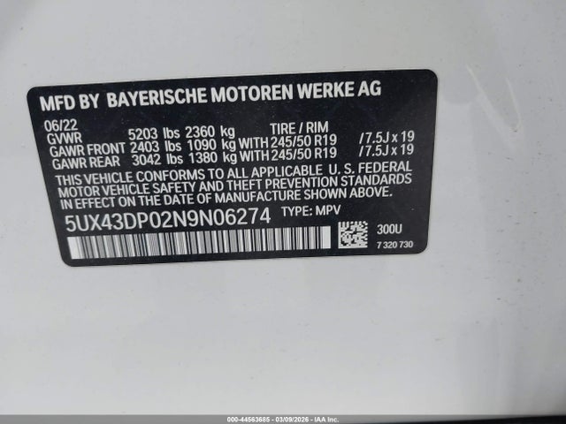Aukcja sprzedaży 2022 Bmw X3 Sdrive30i, vin: 5UX43DP02N9N06274, numer aukcji: 44563685