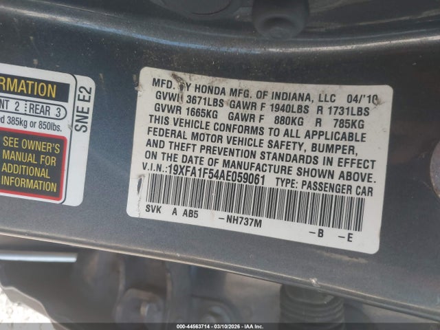 44563714 :رقم المزاد ، 19XFA1F54AE059061 vin ، 2010 Honda Civic Lx مزاد بيع
