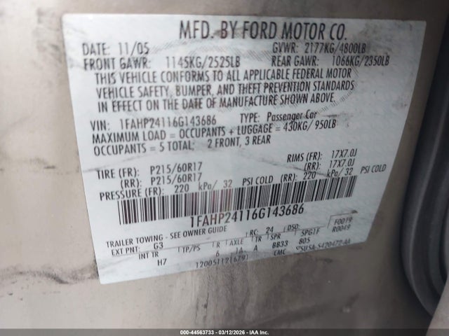2006 FORD FIVE HUNDRED 1FAHP24116G143686 Photo 8