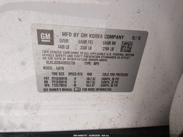 44563757 :رقم المزاد ، KL4CJGSB4GB555799 vin ، 2016 Buick Encore Leather مزاد بيع
