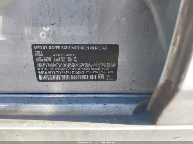 Aukcja sprzedaży 2021 Bmw 330i, vin: WBA5R1C07MFL03483, numer aukcji: 44563767