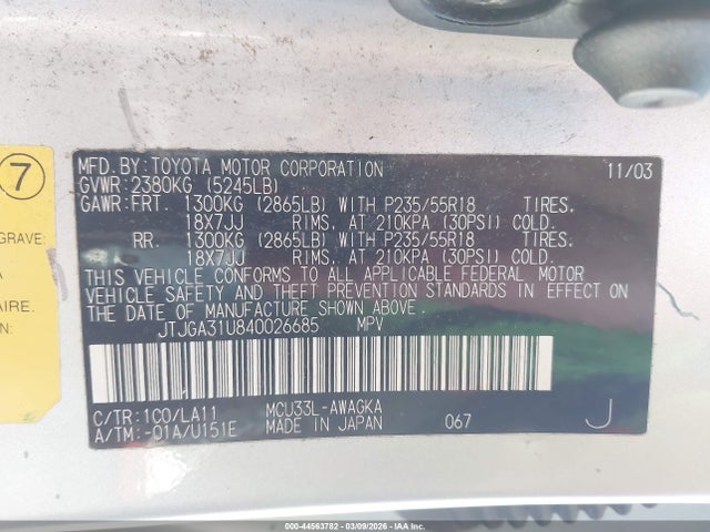 Aukcja sprzedaży 2004 Lexus Rx 330, vin: JTJGA31U840026685, numer aukcji: 44563782