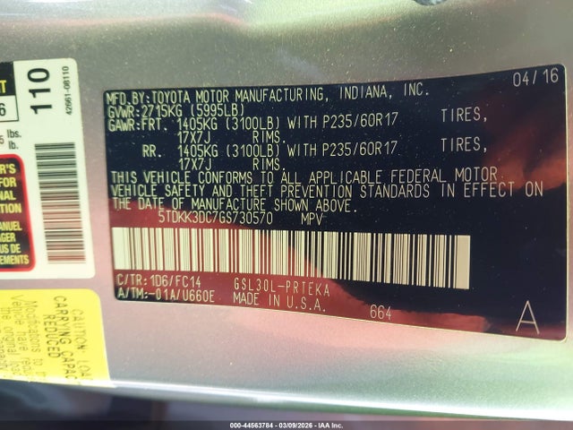 5TDKK3DC7GS730570 Toyota Sienna Le 8 Passenger