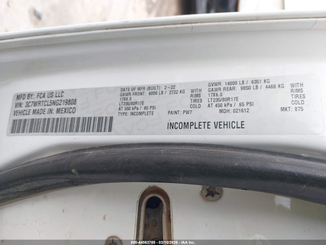 Aukcja sprzedaży 2022 Ram 3500 Chassis Tradesman/slt/laramie/limited, vin: 3C7WRTCL5NG219808, numer aukcji: 44563788
