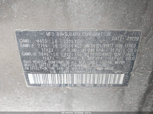 Aukcja sprzedaży 2021 Subaru Outback Premium, vin: 4S4BTADC6M3112750, numer aukcji: 44563794