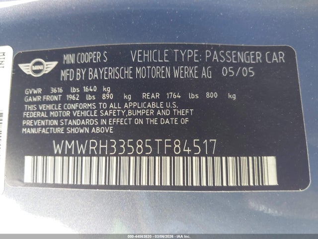 2005 MINI COOPER S WMWRH33585TF84517 Photo 8