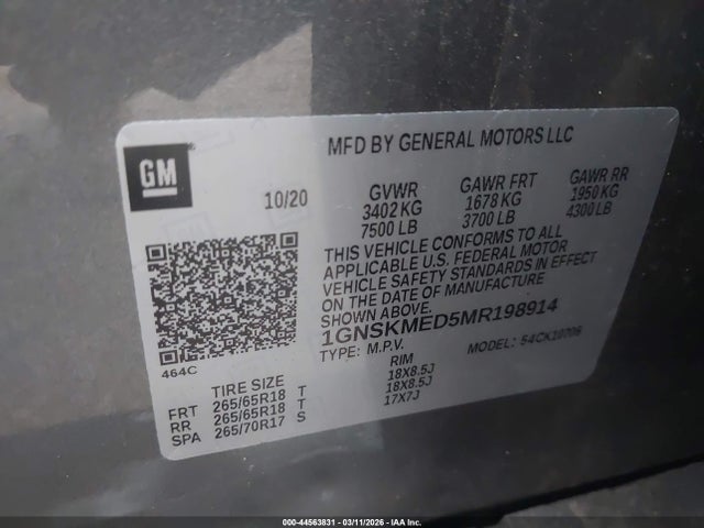 2021 Chevrolet Tahoe 4wd Ls მანქანა იყიდება აუქციონზე, vin: 1GNSKMED5MR198914, აუქციონის ნომერი: 44563831