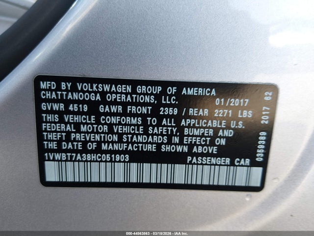 1VWBT7A38HC051903 Volkswagen Passat 1.8t Se