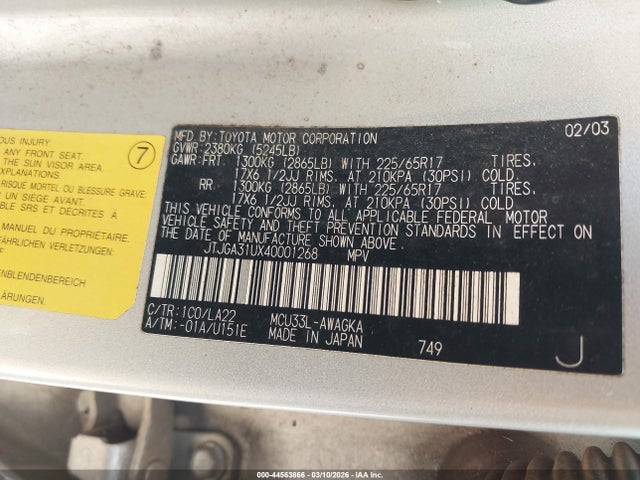 44563866 :رقم المزاد ، JTJGA31UX40001268 vin ، 2004 Lexus Rx 330 مزاد بيع