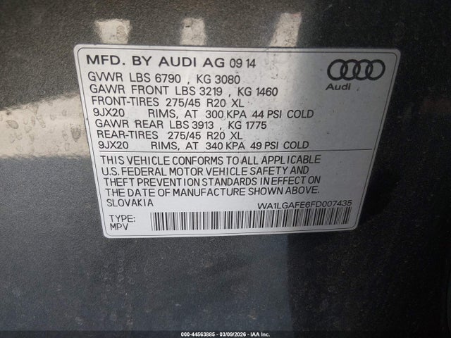 Aukcja sprzedaży 2015 Audi Q7 3.0t Premium, vin: WA1LGAFE6FD007435, numer aukcji: 44563885