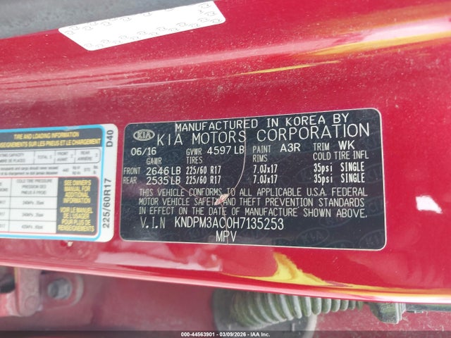 44563901 :رقم المزاد ، KNDPM3AC0H7135253 vin ، 2017 Kia Sportage Lx مزاد بيع