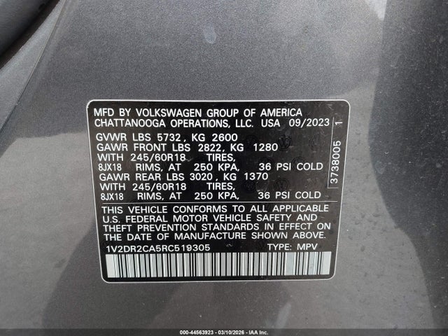 44563923 :رقم المزاد ، 1V2DR2CA5RC519305 vin ، 2024 Volkswagen Atlas 2.0t Se مزاد بيع