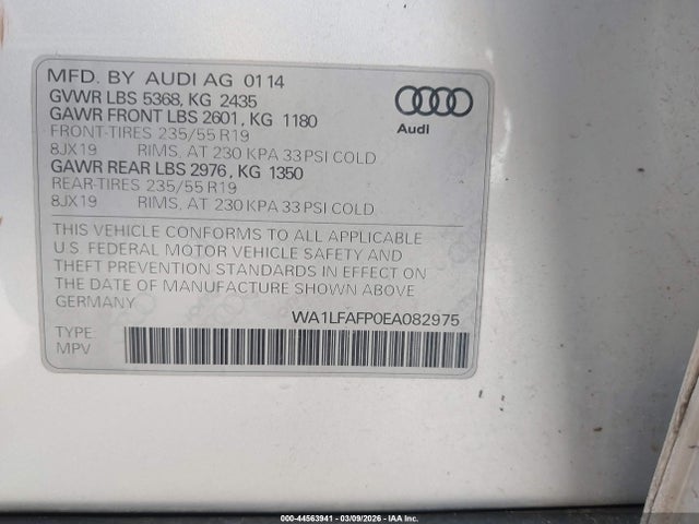 Продаж на аукціоні авто 2014 Audi Q5 2.0t Premium, vin: WA1LFAFP0EA082975, номер лоту: 44563941