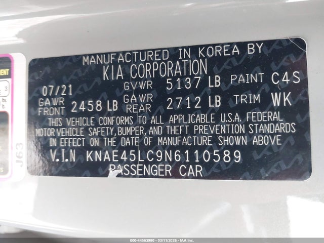 Продажа на аукционе авто 2022 Kia Stinger Gt1, vin: KNAE45LC9N6110589, номер лота: 44563980