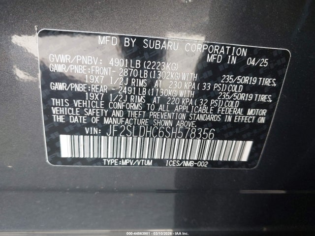 44563981 :رقم المزاد ، JF2SLDHC6SH578356 vin ، 2025 Subaru Forester Sport مزاد بيع