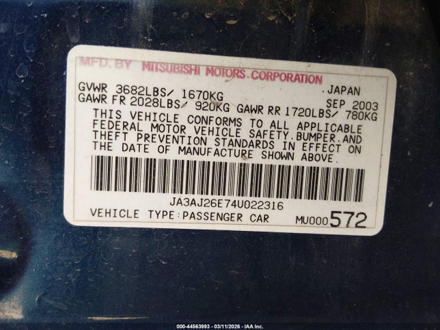 2004 MITSUBISHI LANCER JA3AJ26E74U022316 Photo 8