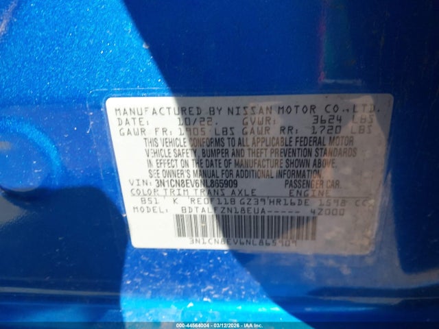 2022 Nissan Versa 1.6 Sv Xtronic Cvt მანქანა იყიდება აუქციონზე, vin: 3N1CN8EV6NL865909, აუქციონის ნომერი: 44564004
