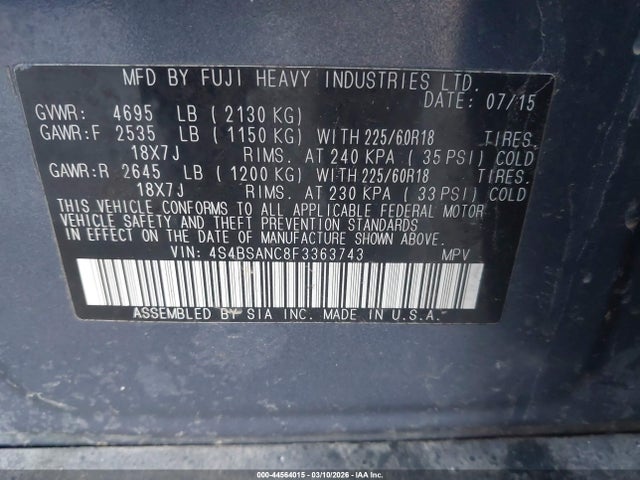 44564015 :رقم المزاد ، 4S4BSANC8F3363743 vin ، 2015 Subaru Outback 2.5i Limited مزاد بيع