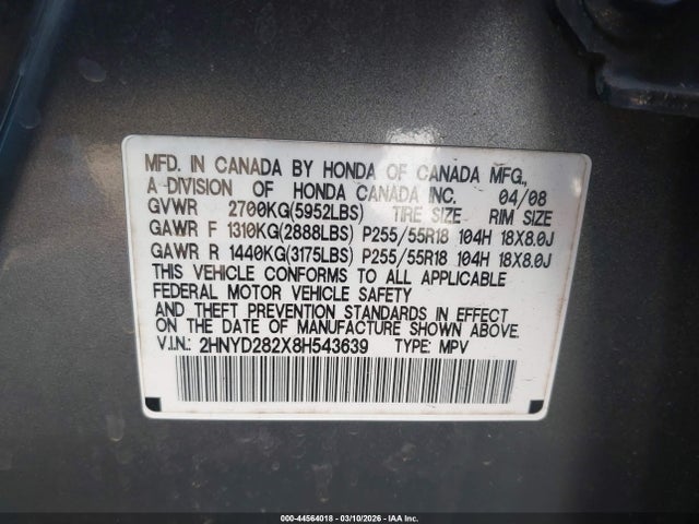 2008 Acura Mdx მანქანა იყიდება აუქციონზე, vin: 2HNYD282X8H543639, აუქციონის ნომერი: 44564018