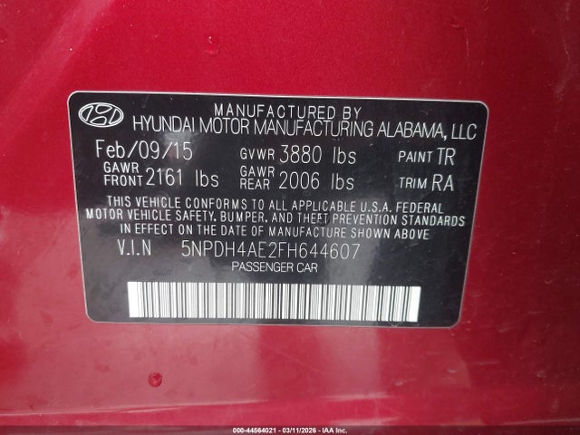 Aukcja sprzedaży 2015 Hyundai Elantra Se, vin: 5NPDH4AE2FH644607, numer aukcji: 44564021