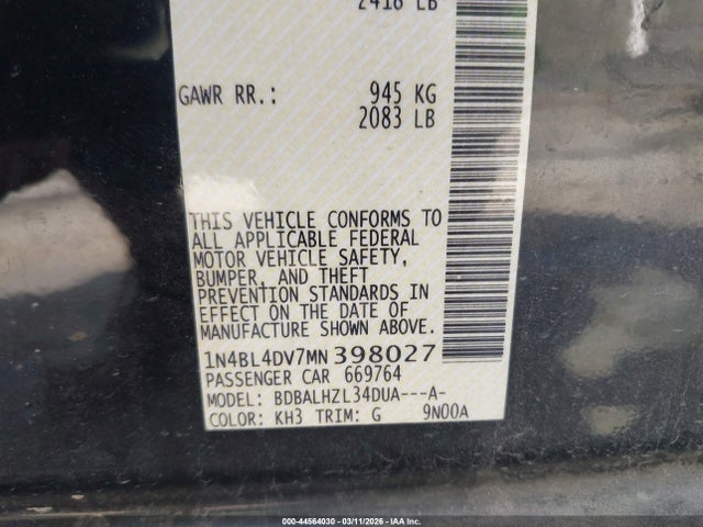Продажа на аукционе авто 2021 Nissan Altima Sv Fwd, vin: 1N4BL4DV7MN398027, номер лота: 44564030