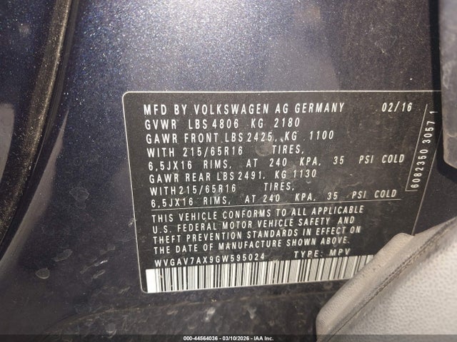 Aukcja sprzedaży 2016 Volkswagen Tiguan S, vin: WVGAV7AX9GW595024, numer aukcji: 44564036