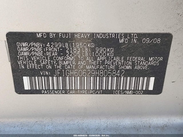 44564038 :رقم المزاد ، JF1GH60629H805842 vin ، 2009 Subaru Impreza 2.5i مزاد بيع