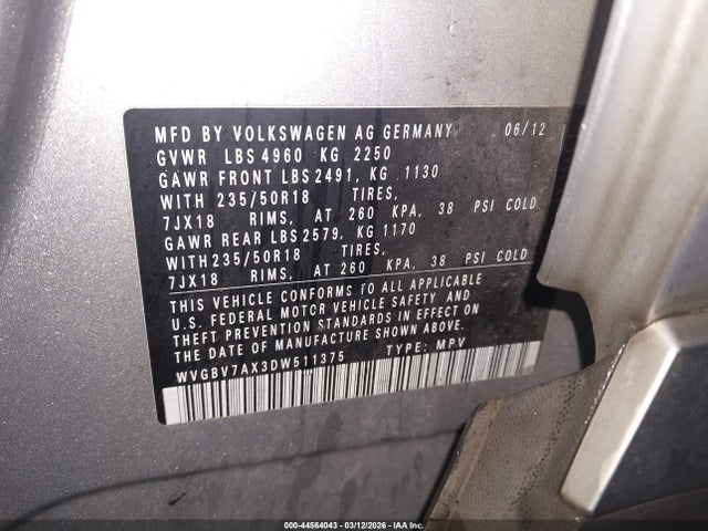 Продажа на аукционе авто 2013 Volkswagen Tiguan Se, vin: WVGBV7AX3DW511375, номер лота: 44564043