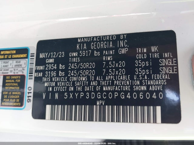 44564049 :رقم المزاد ، 5XYP3DGC0PG406040 vin ، 2023 Kia Telluride Ex X-line مزاد بيع