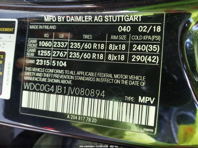 Aukcja sprzedaży 2018 Mercedes-benz Glc 300, vin: WDC0G4JB1JV080894, numer aukcji: 44564084