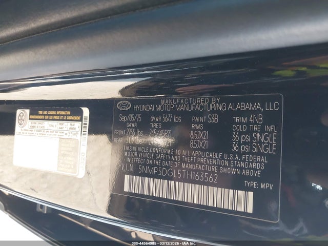 Aukcja sprzedaży 2026 Hyundai Santa Fe Calligraphy, vin: 5NMP5DGL5TH163562, numer aukcji: 44564085