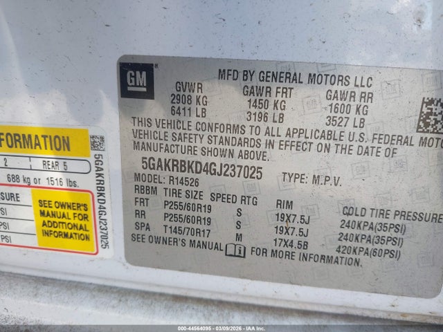 44564095 :رقم المزاد ، 5GAKRBKD4GJ237025 vin ، 2016 Buick Enclave Leather مزاد بيع