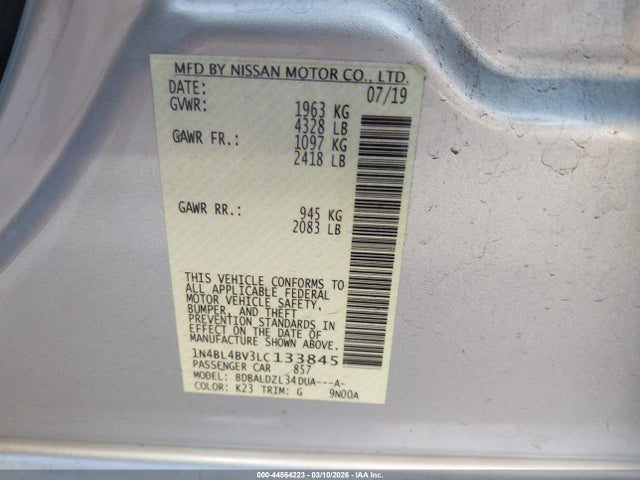 Продаж на аукціоні авто 2020 Nissan Altima S Fwd, vin: 1N4BL4BV3LC133845, номер лоту: 44564223