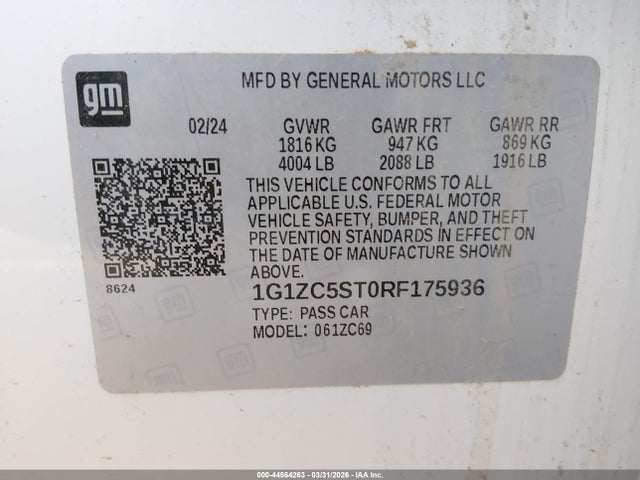 2024 Chevrolet Malibu Fwd 1fl მანქანა იყიდება აუქციონზე, vin: 1G1ZC5ST0RF175936, აუქციონის ნომერი: 44564263
