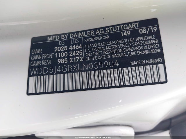 Продажа на аукционе авто 2020 Mercedes-benz Cla 250, vin: WDD5J4GBXLN035904, номер лота: 44564309