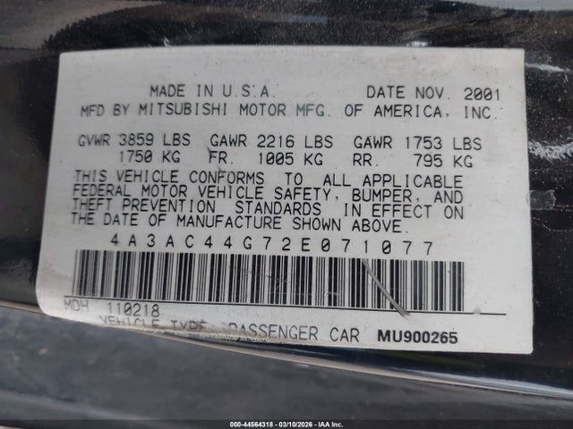 Aukcja sprzedaży 2002 Mitsubishi Eclipse Gs, vin: 4A3AC44G72E071077, numer aukcji: 44564318