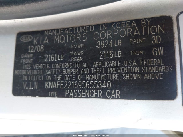 Продажа на аукционе авто 2009 Kia Spectra Ex, vin: KNAFE221695655340, номер лота: 44564324