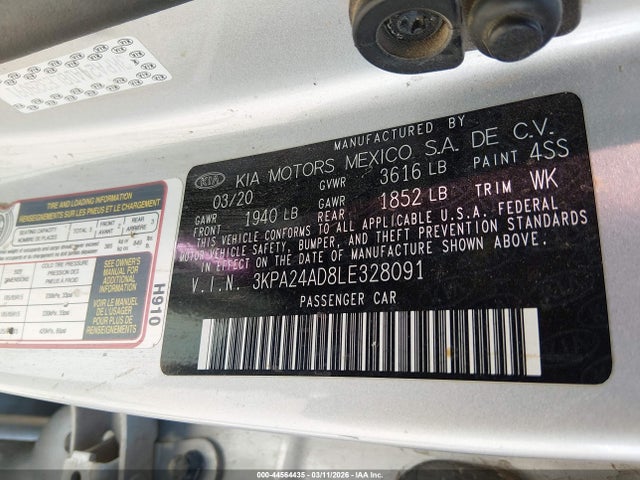 Aukcja sprzedaży 2020 Kia Rio Lx, vin: 3KPA24AD8LE328091, numer aukcji: 44564435