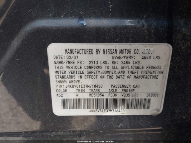 Продаж на аукціоні авто 2007 Infiniti G35 Journey, vin: JNKBV61E37M718490, номер лоту: 44564436