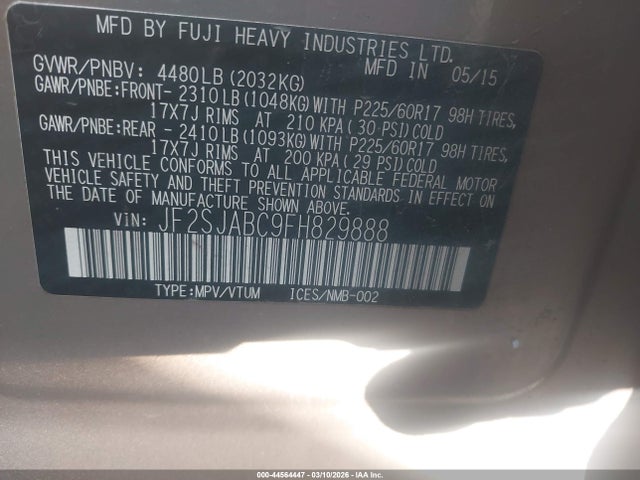 2015 Subaru Forester 2.5i მანქანა იყიდება აუქციონზე, vin: JF2SJABC9FH829888, აუქციონის ნომერი: 44564447