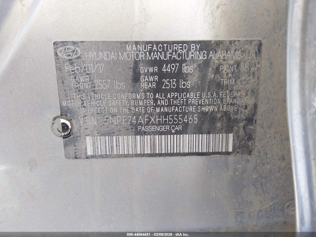 44564451 :رقم المزاد ، 5NPE24AFXHH555465 vin ، 2017 Hyundai Sonata Se مزاد بيع