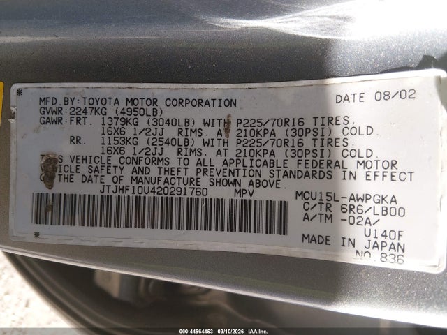 44564453 :رقم المزاد ، JTJHF10U420291760 vin ، 2002 Lexus Rx 300 مزاد بيع