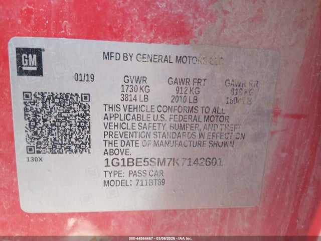 2019 Chevrolet Cruze Lt მანქანა იყიდება აუქციონზე, vin: 1G1BE5SM7K7142601, აუქციონის ნომერი: 44564467