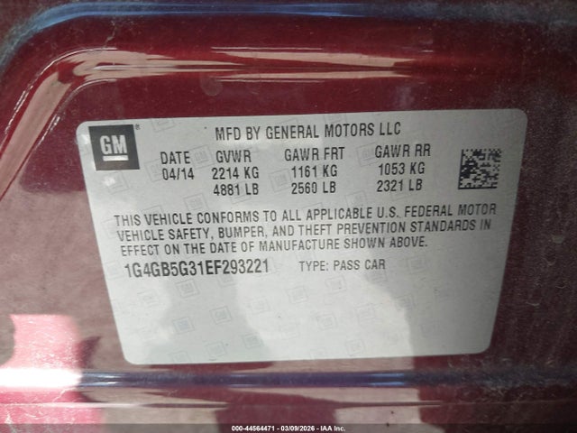 Auction sale of the 2014 Buick Lacrosse Leather Group, vin: 1G4GB5G31EF293221, lot number: 44564471