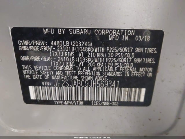 2018 Subaru Forester 2.5i მანქანა იყიდება აუქციონზე, vin: JF2SJABC9JH569341, აუქციონის ნომერი: 44564485